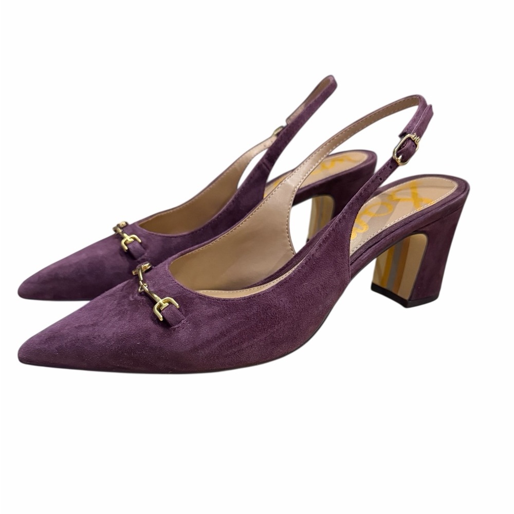 Sam‎ Edelman Plum Suede Pointed Slingback Heels with Gold Hardware